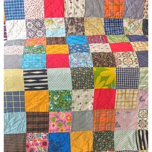 Vintage MCM 60s Large Colorful Handmade Patchwork Quilt Medieval Novelty Reverse